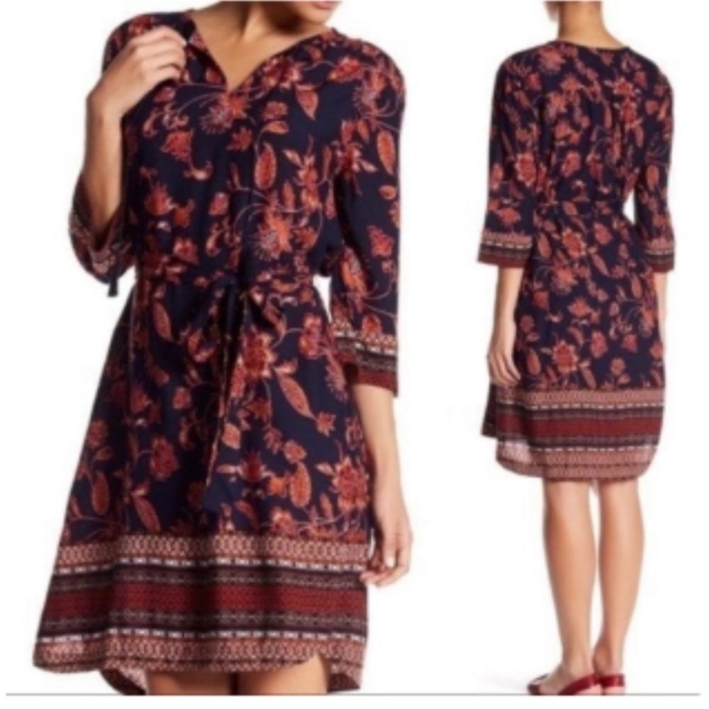 BeachLunchLounge Floral Tunic Dress XS Boho Bell Sleeve Shift Mini Navy Orange